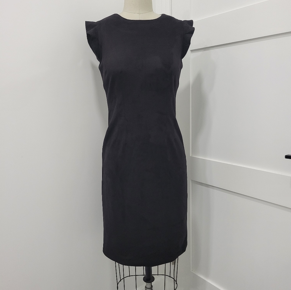 T TAHARI Women's Suede Crew Neck Flutter Cap  Sleeves Black Sheath Dress